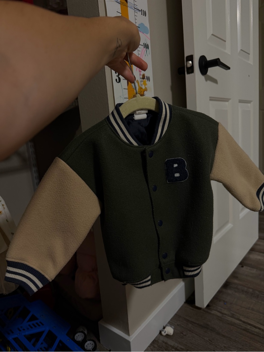 H&M Olive Green & Cream Kids Letterman Jacket with 'B' Patch